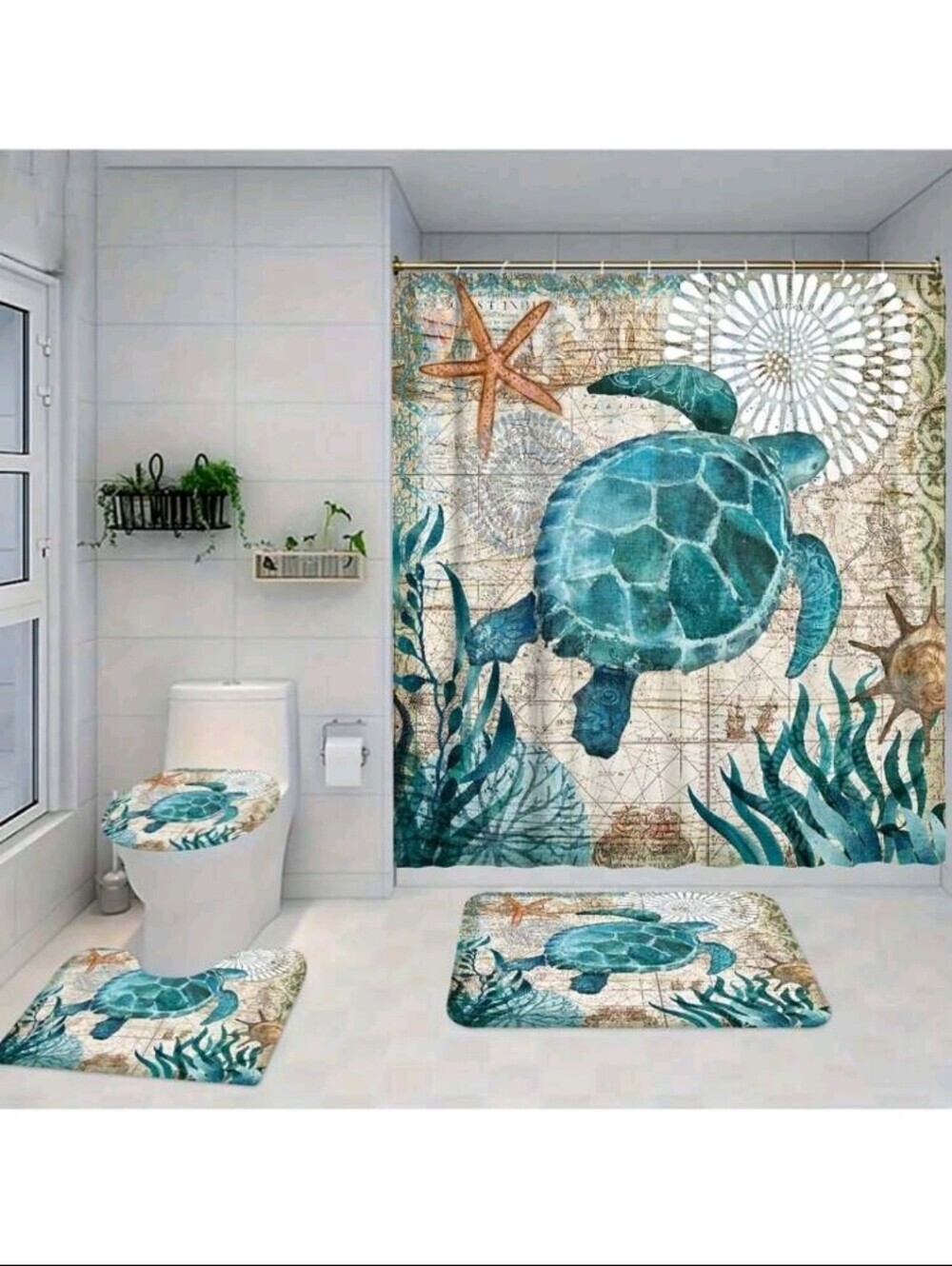 Seaside Turtle Bathroom Set - Teal Shower Curtain & Rugs HOOKS INCLUDED